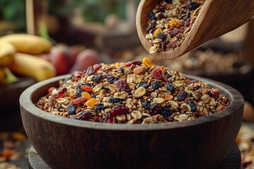 Organic Granola Mix in Wooden Bowl Healthy Snack with Nuts, Fruits, and Premium Oats for Wholesome Breakfast and Meal Prep