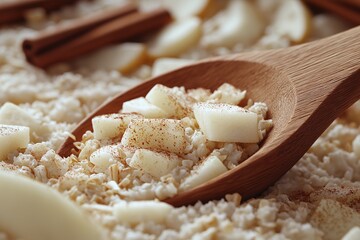 Natural Wooden Spoon with Cinnamon and Homemade Oatmeal Ingredients - Organic and Healthy Kitchen Closeup