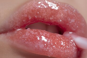 Close-up of a person applying a pink lip scrub to their lips, showcasing the texture and exfoliating process.