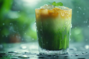Refreshing Layered Summer Beverage with Citrus and Mint in a Cocktail Glass - Perfect for Tropical Parties and Dining Experiences