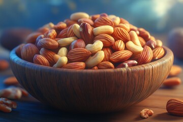Wholesome Almonds and Cashews Mixture in Wooden Bowl - High-Resolution Food Photography & Healthy Vegan Snacks