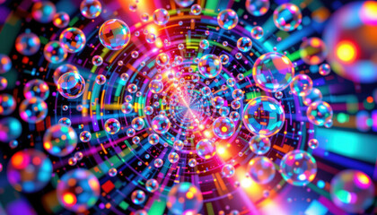 Vibrant abstract design featuring colorful bubbles swirling in dynamic spiral pattern, creating sense of depth and movement. bright colors evoke feeling of energy and excitement