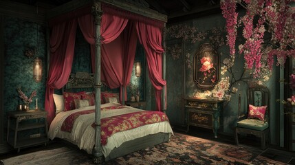 Luxurious bedroom with a four-poster bed, teal walls, ornate furniture, and cherry blossom accents