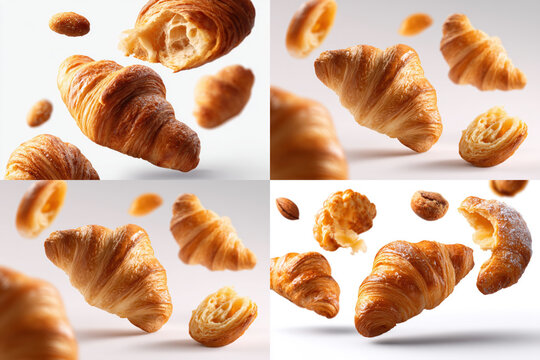 Set Freshly baked croissant and sweet pastries flying in the air, bakery dessert concept with white background