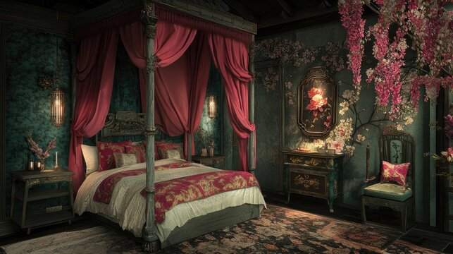 Luxurious bedroom with a four-poster bed, teal walls, ornate furniture, and cherry blossom accents - Powered by Adobe