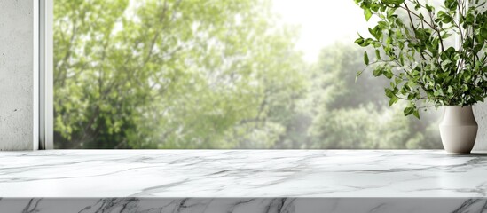 Fototapeta premium Marble countertop with greenery view