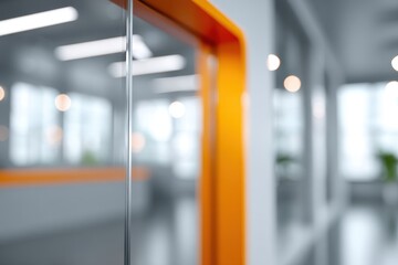 Modern office interior with blurred background in soft gray tones, featuring glass partitions, panoramic windows and bright orange accents for a contemporary business workspace look