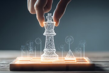A hand placing a holographic chess king piece on a digital chessboard, symbolizing strategic thinking and innovation in technology-driven decision-making processes.