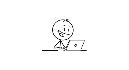 Smiling Stick Figure Working on Laptop with Joyful Expression on
