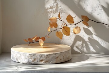 Scandinavian Minimalist Home Decor. Natural Wood Branch Centerpiece for Elegant Autumn Interior Design