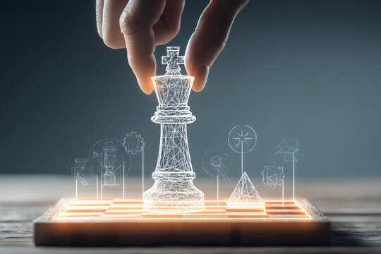 A hand placing a holographic chess king piece on a digital chessboard, symbolizing strategic thinking and innovation in technology-driven decision-making processes.