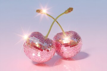 Two vibrant pink disco ball cherries with sparkling reflections and a gradient background