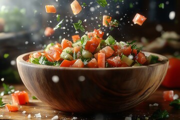 Vibrant Fresh Salad Creation with Colorful Vegetables and Ingredients in Rustic Wooden Bowl - Food Photography
