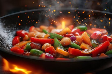 Colorful Fresh Vegetables Stir-Fry Sizzling in Pan - Healthy Organic Ingredients for Delicious Homemade Meal