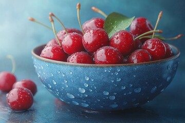 Organic Cherries in Blue Bowl. Vibrant Summer Fruit Still Life with Juicy Red Berries and Water Droplets