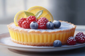 Lemon Berry Dessert Cake. Sweet and Indulgent Summertime Pastry with Fresh Raspberries, Blueberries, and Gourmet Presentation