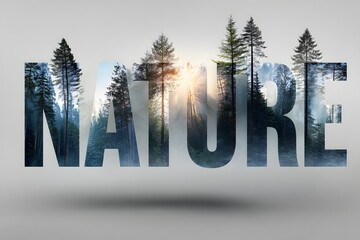 Fototapeta premium The word 'NATURE' creatively composed with a forest scene and sunlight streaming through the trees, symbolizing the beauty and serenity of the natural world.