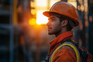 Construction Worker at Sunset. Safety Helmet & Professional Attire in Urban Setting.