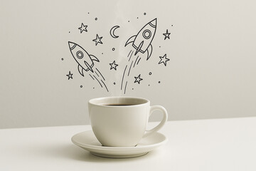 A white coffee cup releases gentle steam that transforms into playful line art of rockets, stars, and a moon - Generative AI