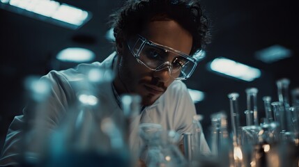 A focused scientist wearing safety goggles and a lab coat is working in a dimly lit laboratory filled with various glassware and equipment.