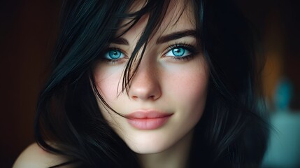A close-up portrait of a young woman with striking blue eyes and dark hair, showcasing her beautiful facial features and serene expression.