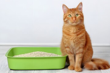 An orange tabby cat with green eyes sitting next to a green litter box filled with white litter on a wooden floor against a white wall