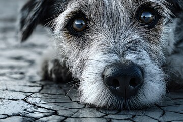 A close-up portrait of a grey and white dog with expressive eyes lying on a cracked pavement.
