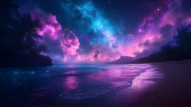 Serene beach at twilight with bioluminescent waves reflecting cosmic colors in a tranquil atmosphere