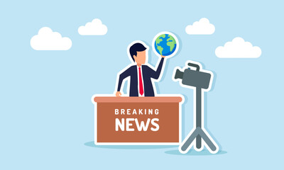 Businessman reading live news while holding a globe illustration of sharing information about global business development