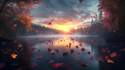Serene lake at sunset surrounded by vibrant maple trees offering a breathtaking autumn view