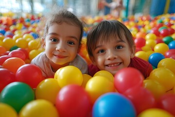 Two adorable children enjoying a colorful ball pit at an indoor playground, smiling and looking directly at the camera.
