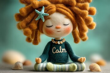 A serene felt doll with curly orange hair and a starfish decoration, wearing a sweater that says 'Calm', sitting in a meditative pose surrounded by seashells.