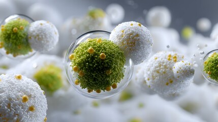 Microscopic View of Cells with Green and White Spheres Encapsulated in Transparent Membranes Floating in a Liquid Environment