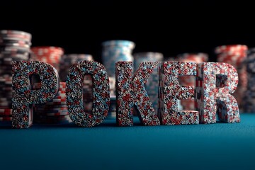 The word POKER spelled out in large, colorful letters surrounded by poker chips on a dark background
