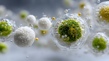 Microscopic view of cells with green and white spherical structures floating in a liquid environment.