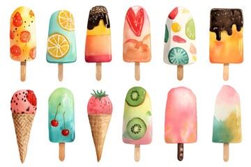 A variety of colorful watercolor painted ice pops and ice cream cones with different fruits and toppings
