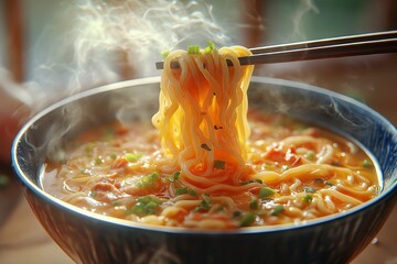 Steaming Hot Noodles. Ramen Bowl with Broth and Chopsticks - Asian Cuisine Comfort Food