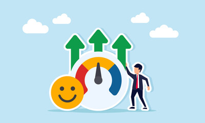 Businessman standing next to happy emoticon and level indicator with rising arrow illustration of monitoring public attention rate or review