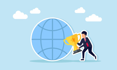 Businessman standing beside globe holding trophy illustration of leading company international business sector