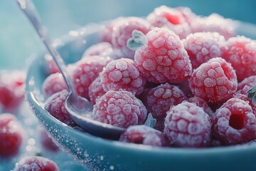 Frozen Sweet Raspberries. Vibrant, Tasty, and Healthy Fruits in a Blue Bowl - Premium Food Photography