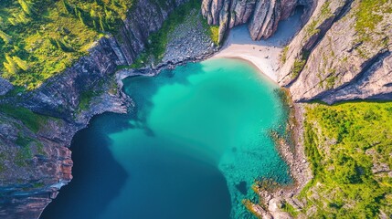 Aerial view of secluded cove; turquoise water, white sand beach nestled between dramatic cliffs, lush green vegetation
