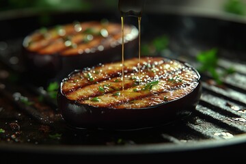 Grilled Eggplant Recipe. Healthy Vegetarian Mediterranean Dish with Olive Oil and Aromatic Herbs