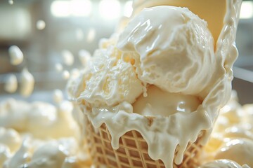 Indulgent Ice Cream Cone Delight. Creamy Vanilla Waffle Cone Drips Delicious Frozen Dessert Treat in Gourmet Food Photography Scene