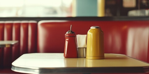 Red and yellow condiment bottles on a diner table.