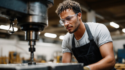 Male Worker Machining Metal with Drill Press in Workshop