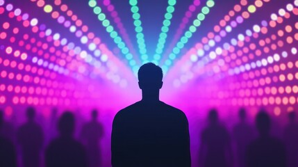 Silhouette of a man in front of bright stage lights on a music festival