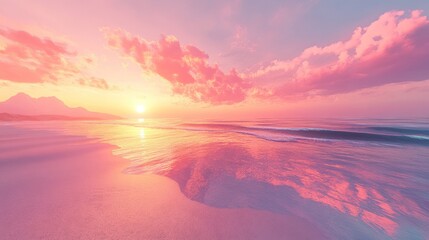Fototapeta premium Pink Sunset Beach Sunrise Scene, Calm Ocean, Dramatic Clouds, Peaceful Vacation