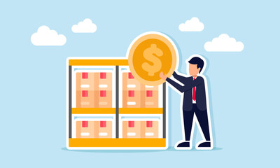Businessman holding dollar coin near package box shelf illustration of take profit from logistics business