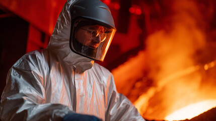 Fototapeta premium Technician in Heat-Resistant Suit Working with High-Temperature Equipment
