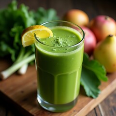 Fototapeta premium Green Smoothie with Lemon and Fruits, Healthy Drink, Fresh Juice